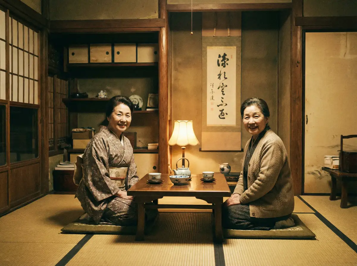 两位优雅的 麻豆影院 在日式茶室中品茶交谈